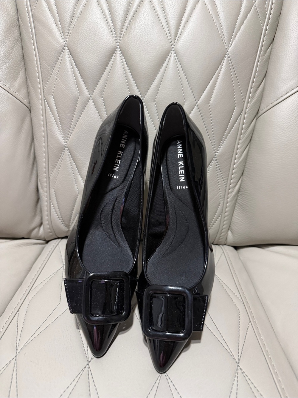 Anne Klein Black Patent Block Heel Pumps with Decorative Buckle - Picture 9 of 10